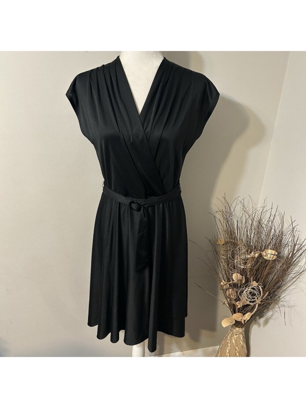 Vtg 89s Alison Peters Black Faux Wrap Midi Dress Cap Sleeve Pleated Belt Sz 10 ?